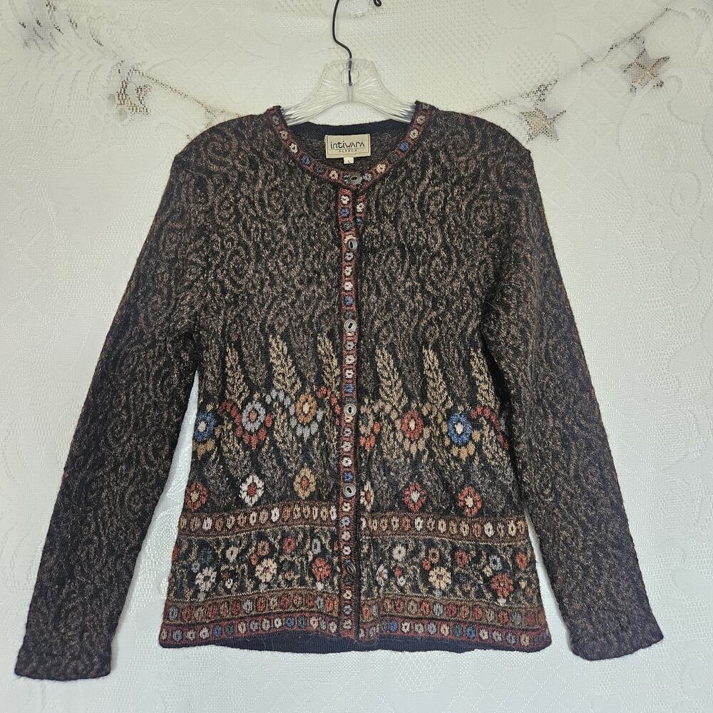 Intiwara Large 100% Alpaca Knit Cardigan Crew Neck Floral Button Up Handmade